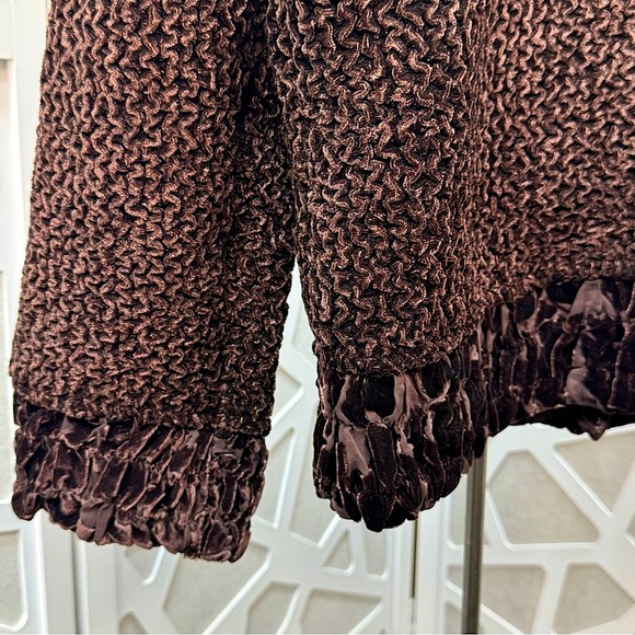 {Silkland} VTG Chocolate Brown Crinkle Knit Cardigan Jacket, Velvet Floral Trim - Picture 4 of 12